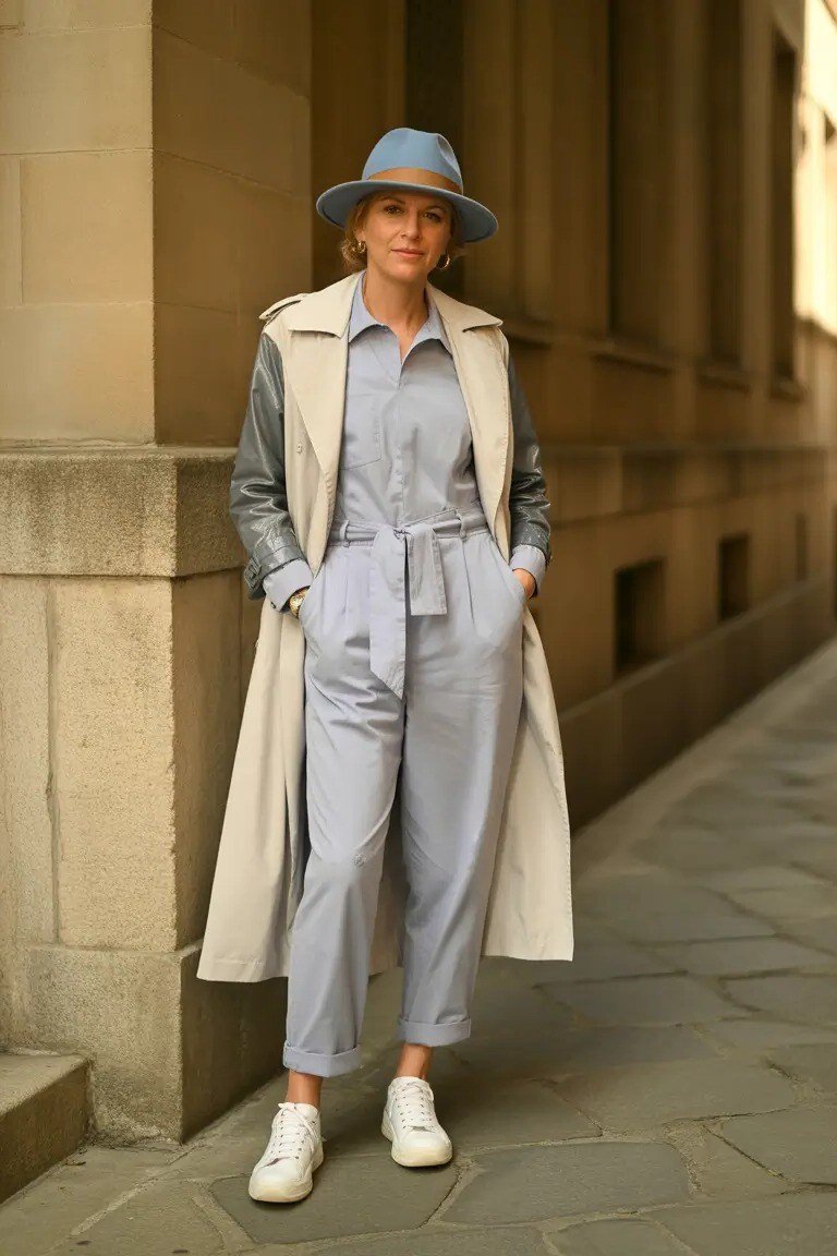 Fall city outfit for women over 50: beige trench light gray outfit gray hat