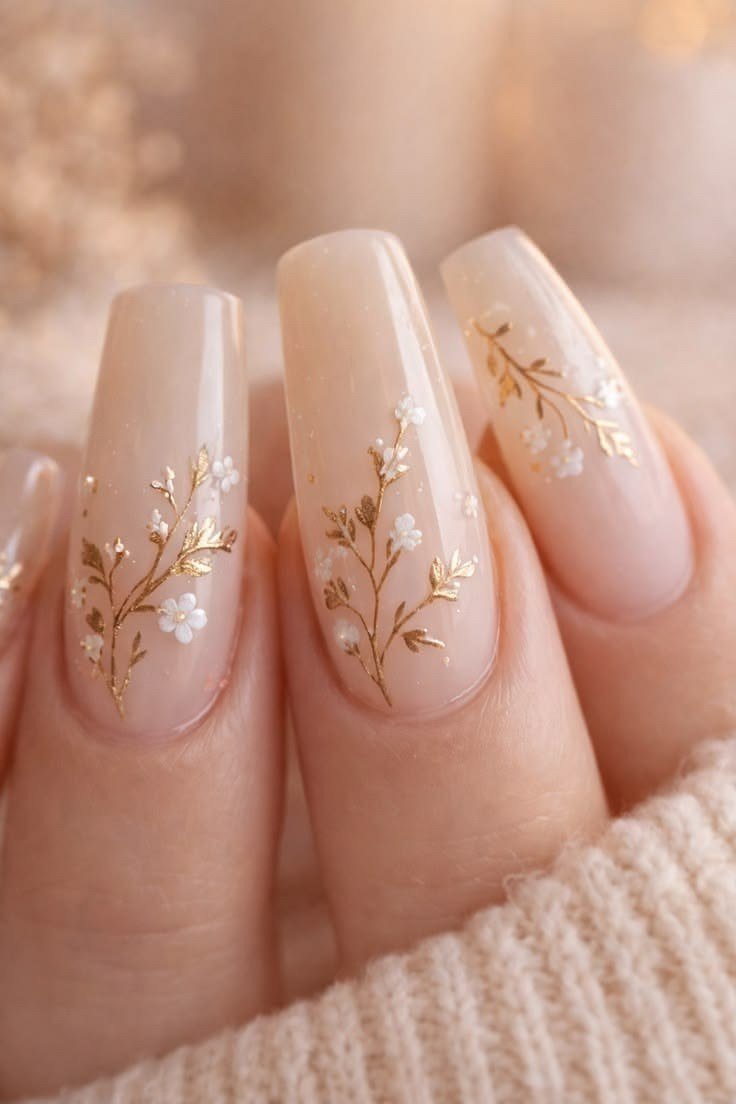 Gold Leaf Branch Nails - nude nail art idea for women over 40