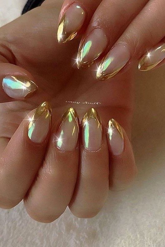 Gold Chrome with Iridescent Tips - chrome nail designs for women over 60
