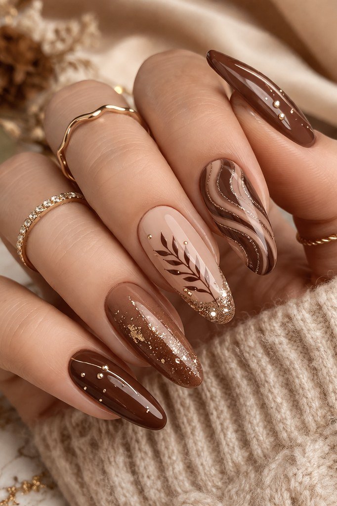 18. Glossy Brown Nails With Gold Glitter Leaves - Thanksgiving nail art idea for women over 50