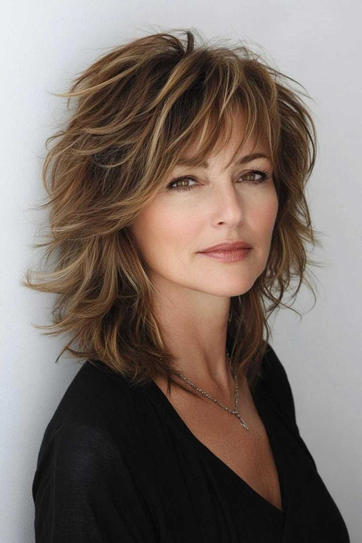 Modern Brunette Shag with Bangs - medium shag haircut for women over 40