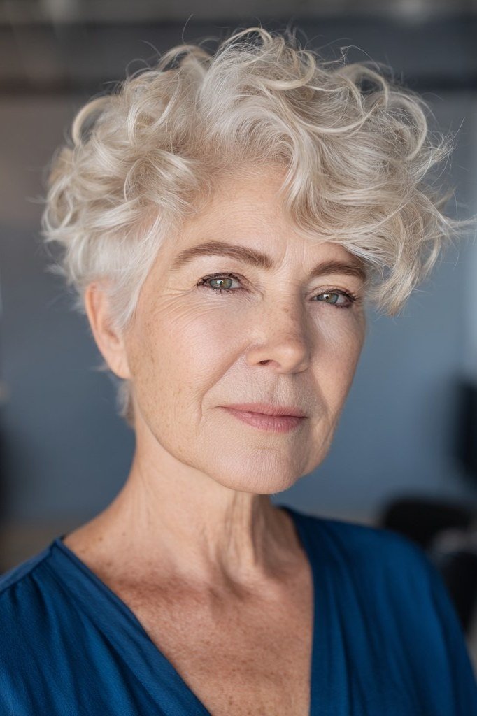 White curly pixie front view - curly hairstyle for women over 60