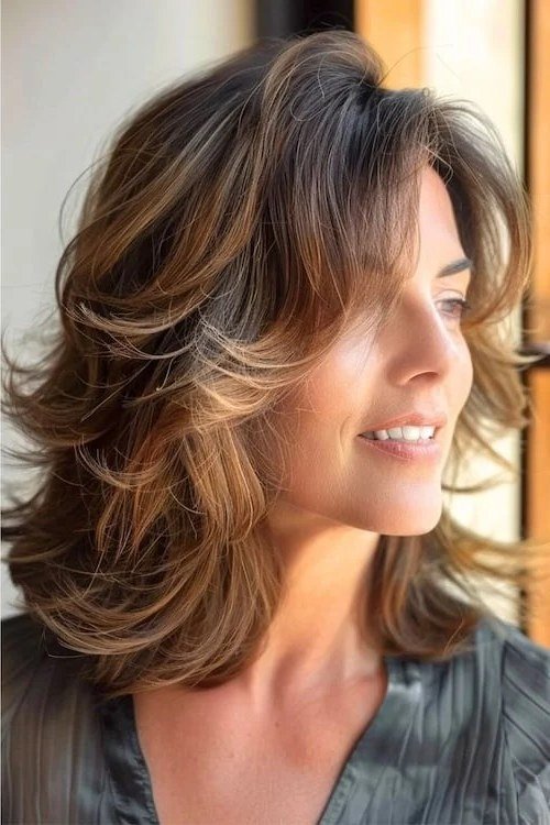 Brown Feathered Layers with a Light Touch, medium hairstyle for women over 70