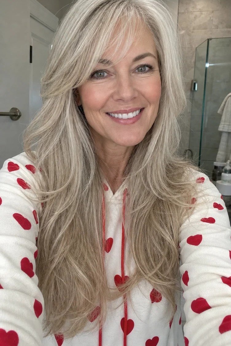 Very long silver-gray layered waves for women over 50