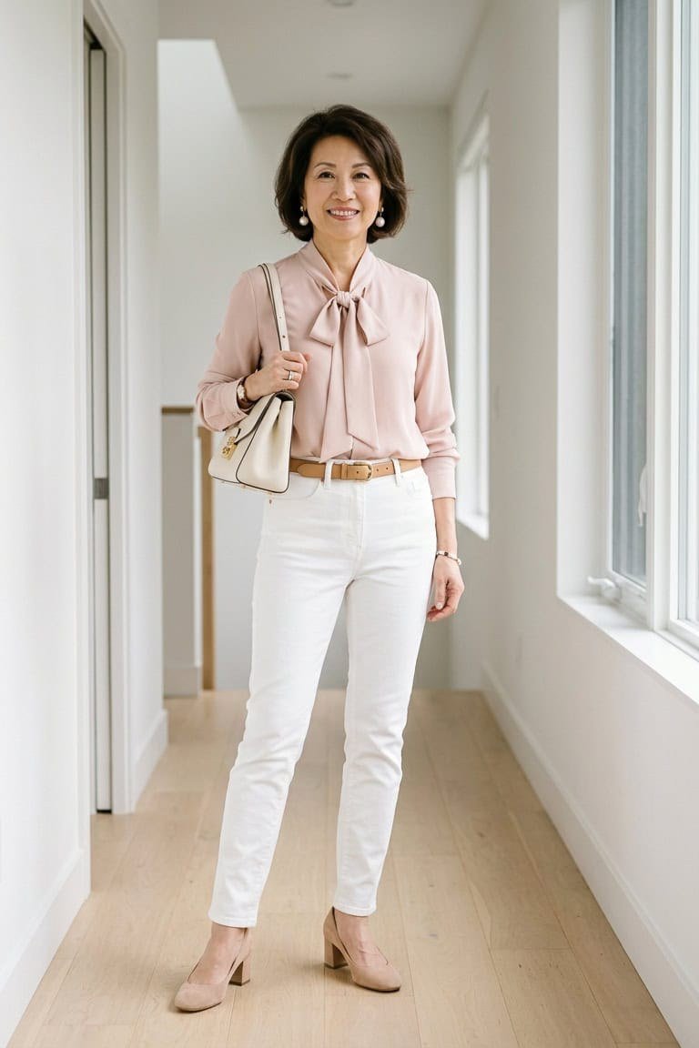 Woman over 50 wearing blush tie-neck blouse with white jeans, everyday casual outfit idea