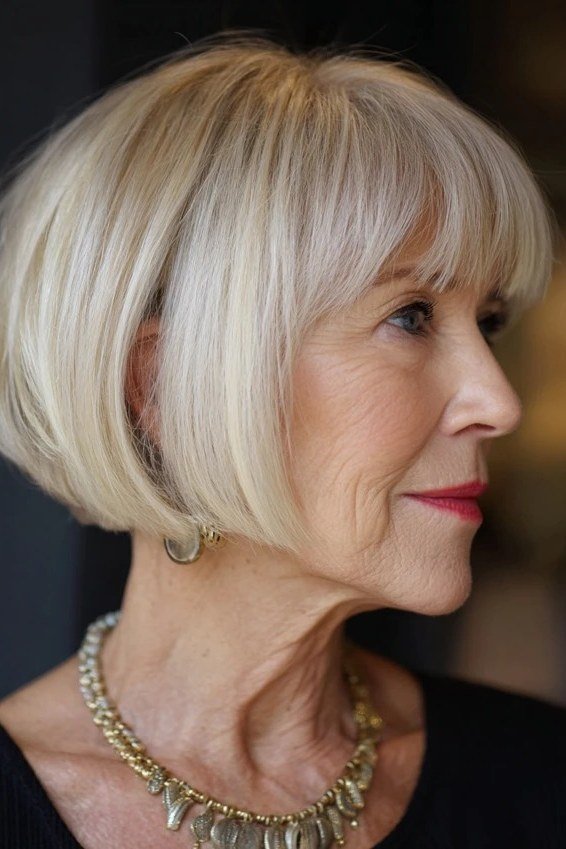 silver-brown layered bob, side view — chin-length layered bob hairstyle for women over 50