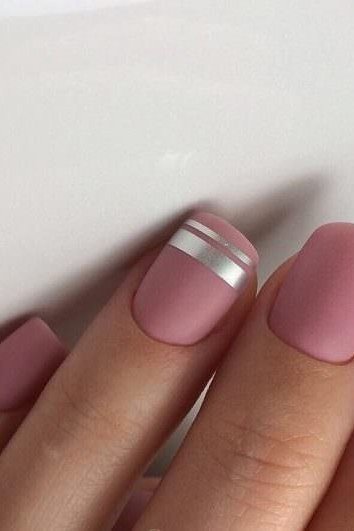 matte mauve nails with silver stripe accent