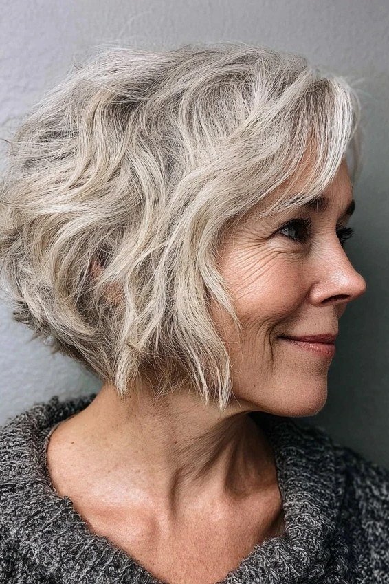 blonde wavy textured bob tousled finish - textured bob haircut idea for women over 60