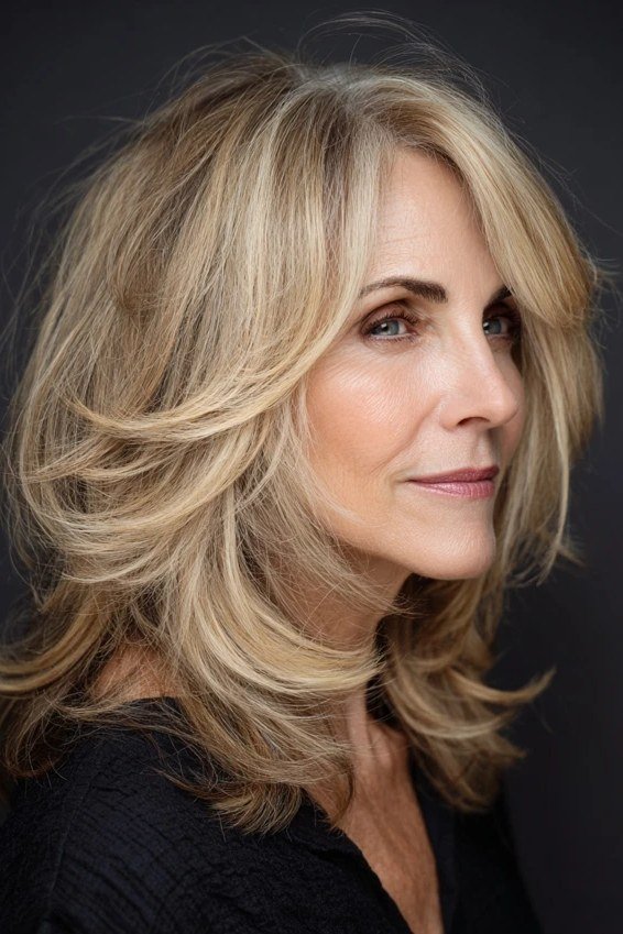 Golden Blonde Side-View Butterfly Cut - butterfly cut hairstyle for women over 60