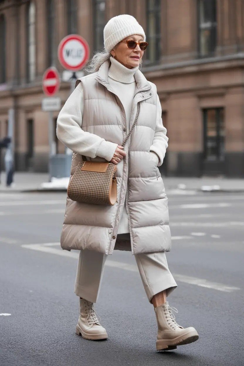 White puffer with hat and sunglasses outfit for women over 60