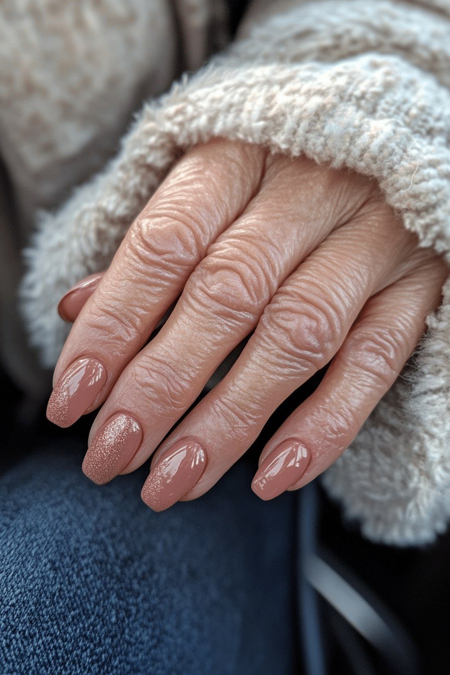 Mauve Rose Nails with Sweater Cuff, understated glam nail color for women over 60