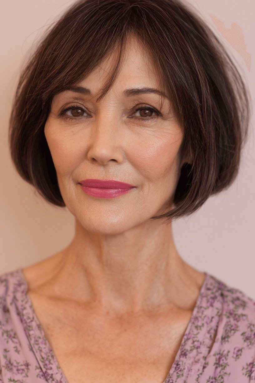 Brunette rounded bob with bangs for older women