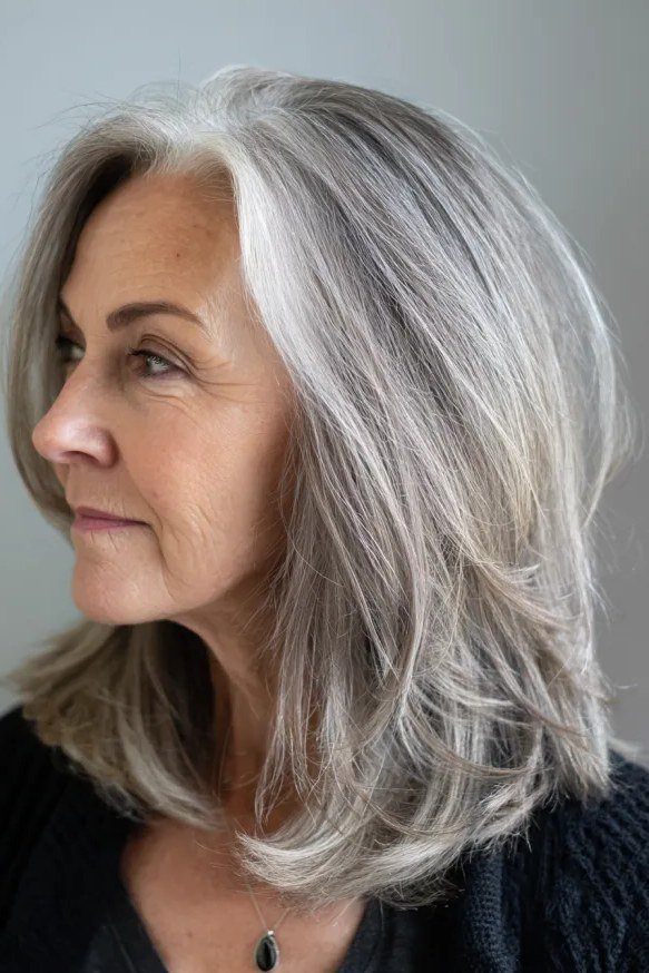 Straight silver-gray layered haircut on an older woman, side view, medium hairstyle for women over 60