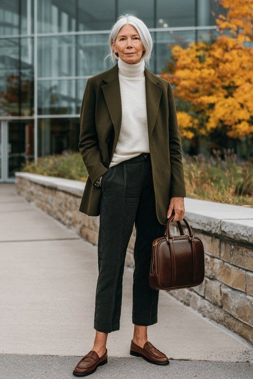 Olive blazer with a white top, dark cropped trousers, and brown loafers for women over 50 at work
