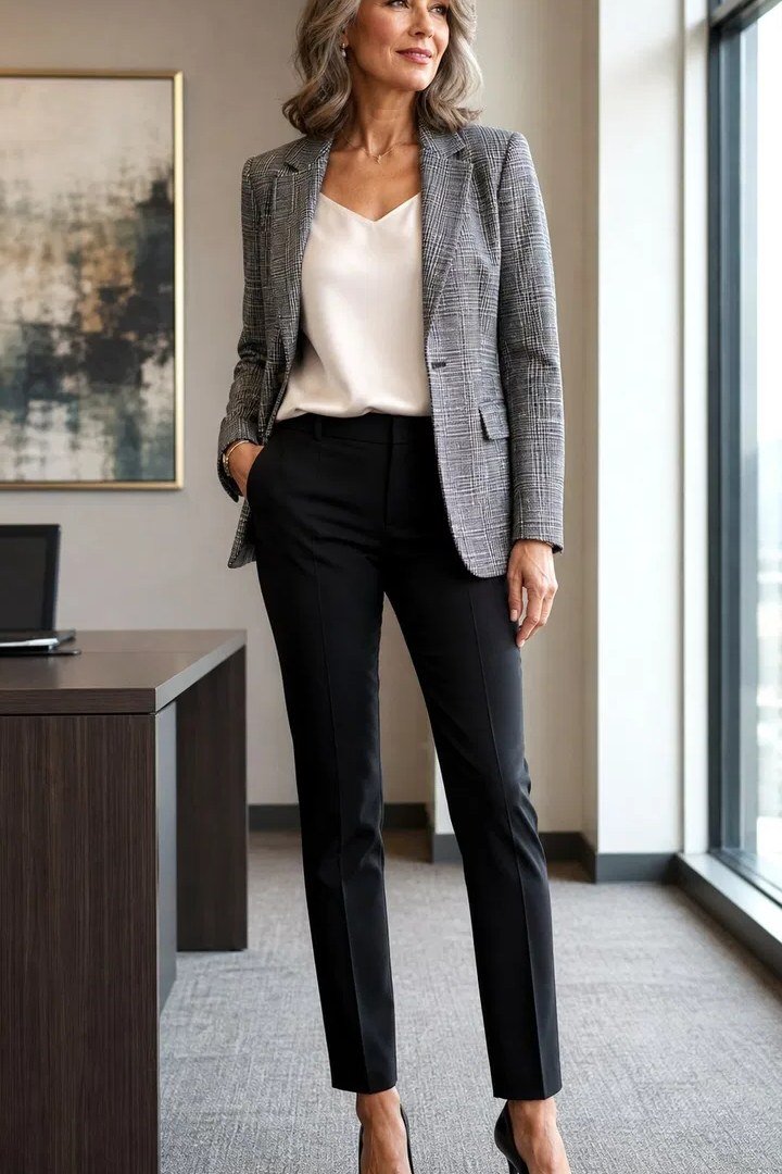 Work outfit for women over 40: gray plaid blazer with black slim trousers