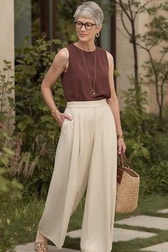 rust sleeveless top cream wide leg trousers over 50