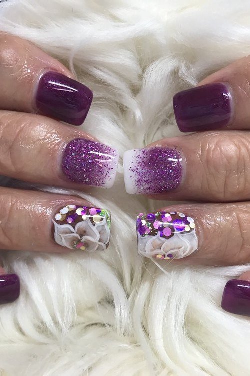 Deep purple glitter ombre with 3D floral art