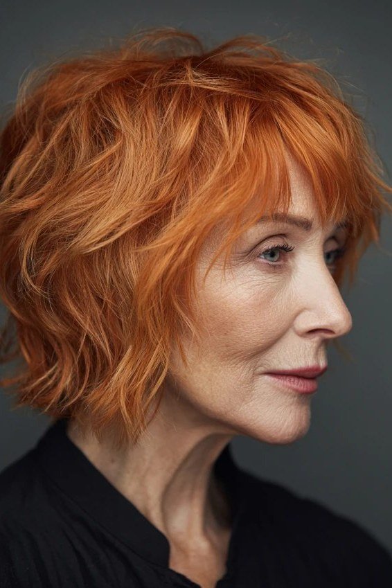 Copper red shag haircut with choppy texture for older women