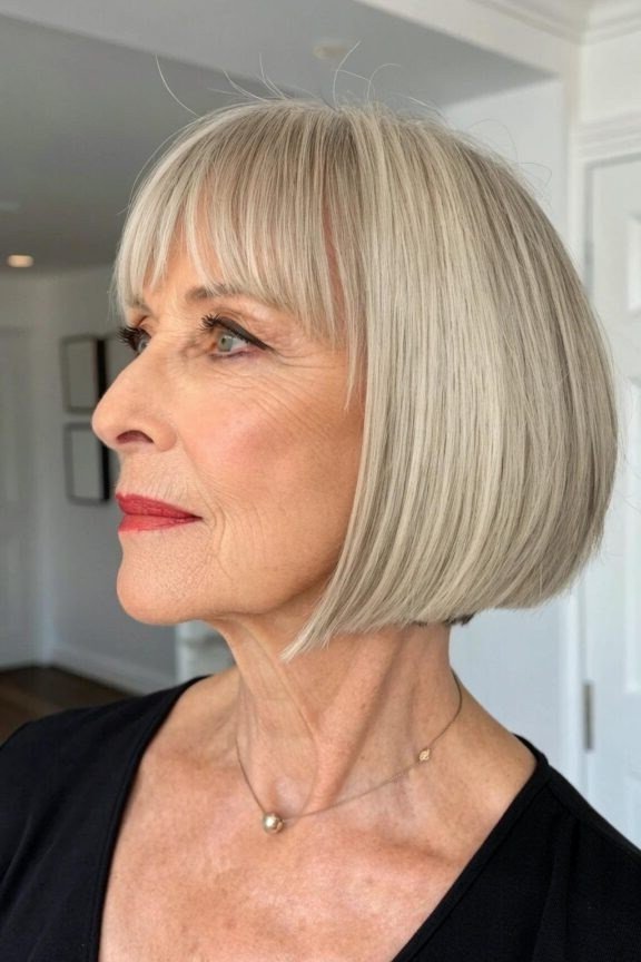 27. Chin-Length Blonde Bob with Bangs - wash and wear hairstyle for older women