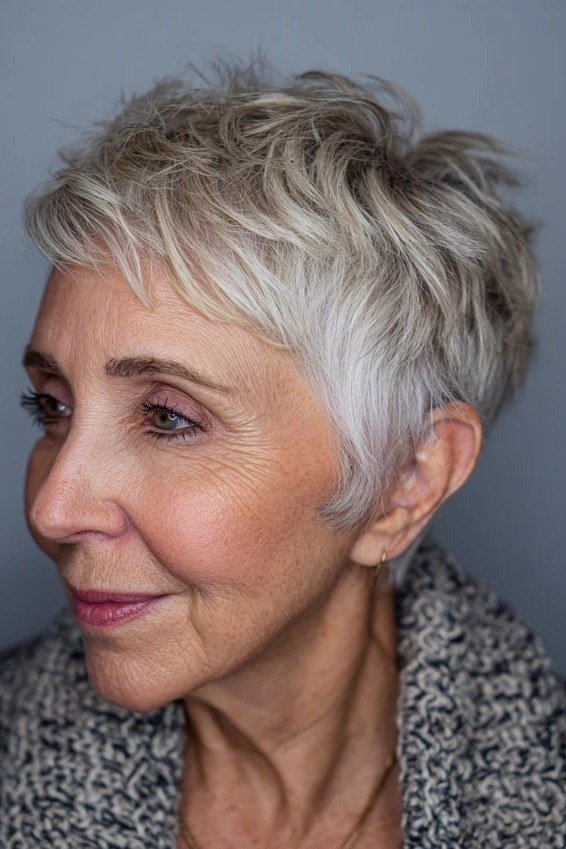 Silver-white wavy pixie, three-quarter view, micro pixie cut for women over 60 going silver