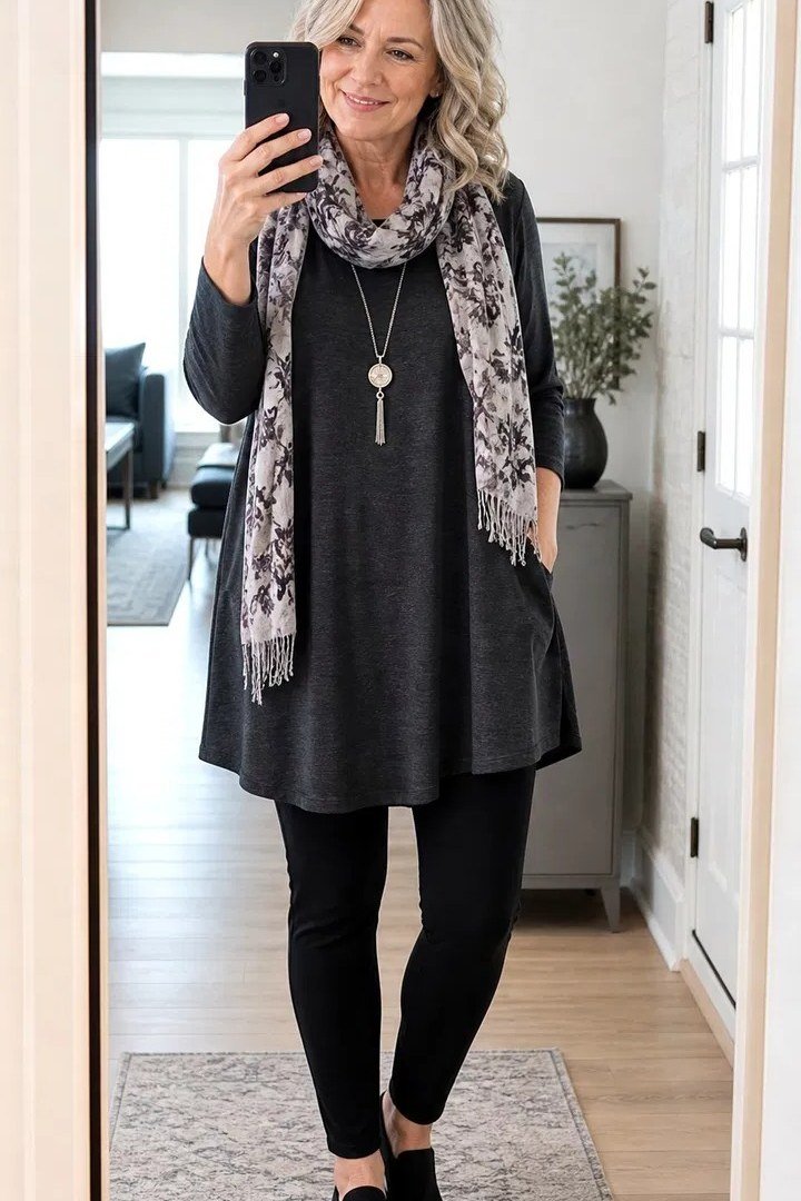 Charcoal Tunic with Black Leggings and a Scarf, classy outfit for women over 60