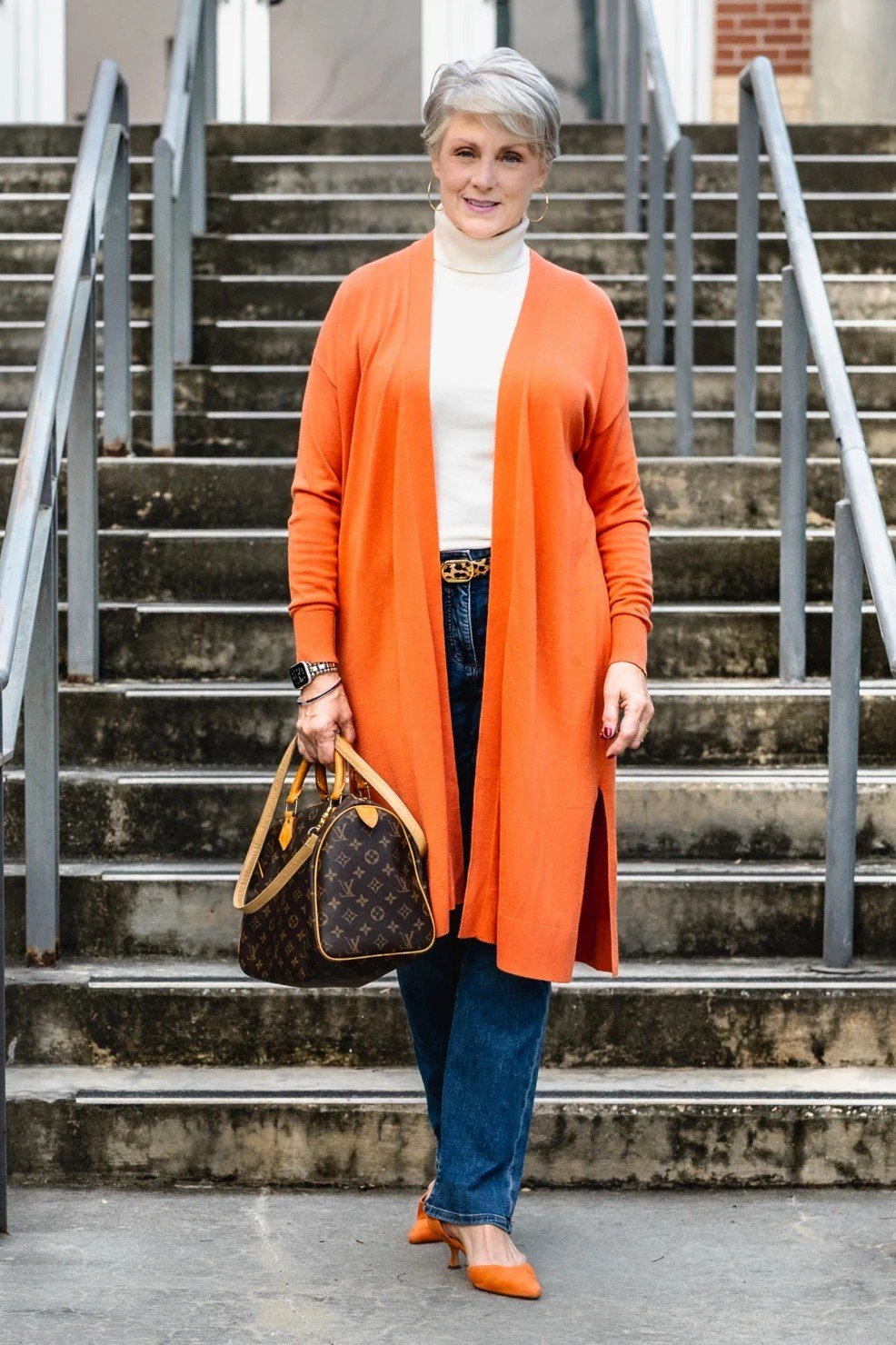 Bright Orange Duster Cardigan - fall outfit idea for women over 50