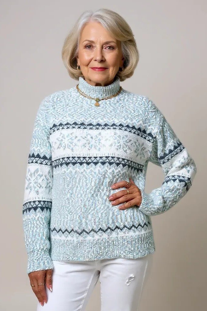 Ice-blue fair-isle yoke sweater with white jeans, cozy sweater outfit idea for women over 70