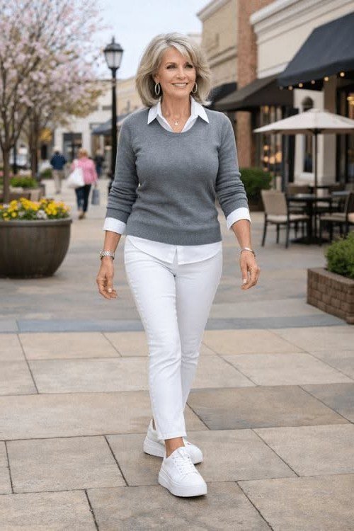 Woman over 50 wearing Grey sweater with white jeans and white sneakers on a city street.
