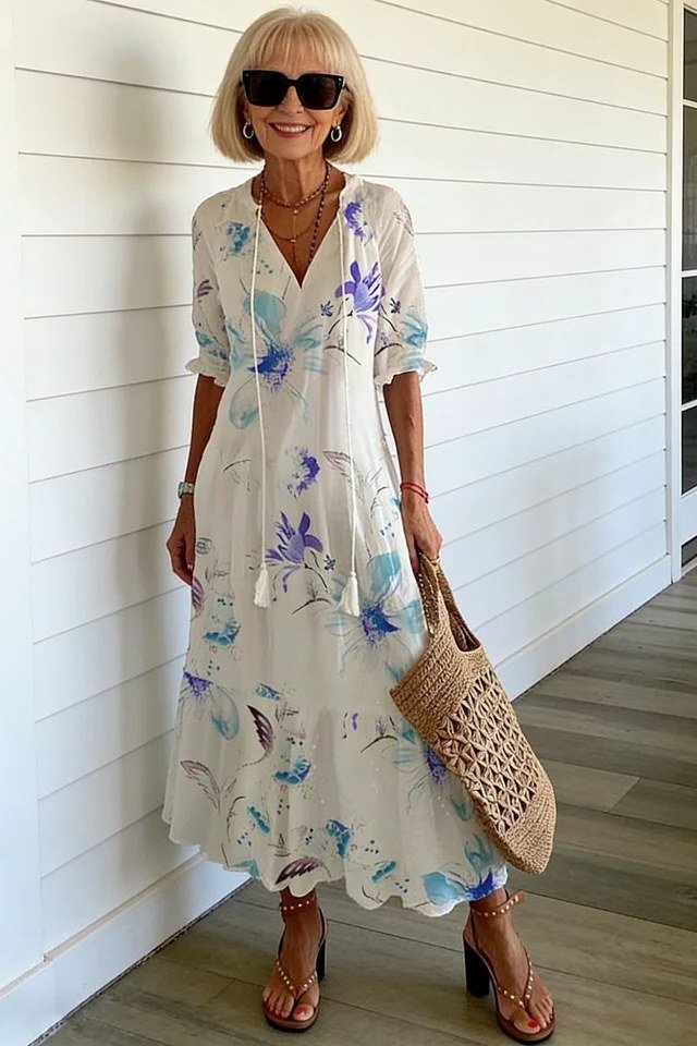 White Wrap Midi with Blue Florals summer outfit idea for women over 60