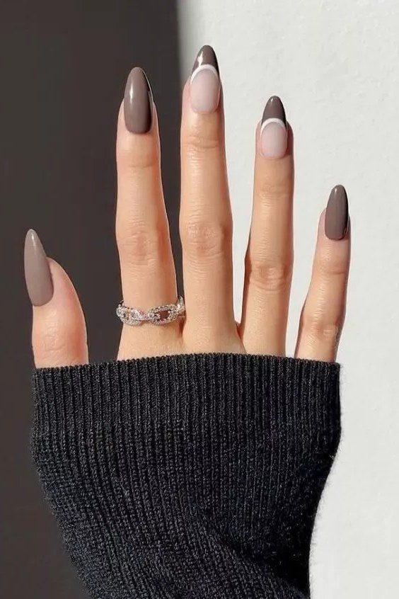taupe french tip stiletto nails