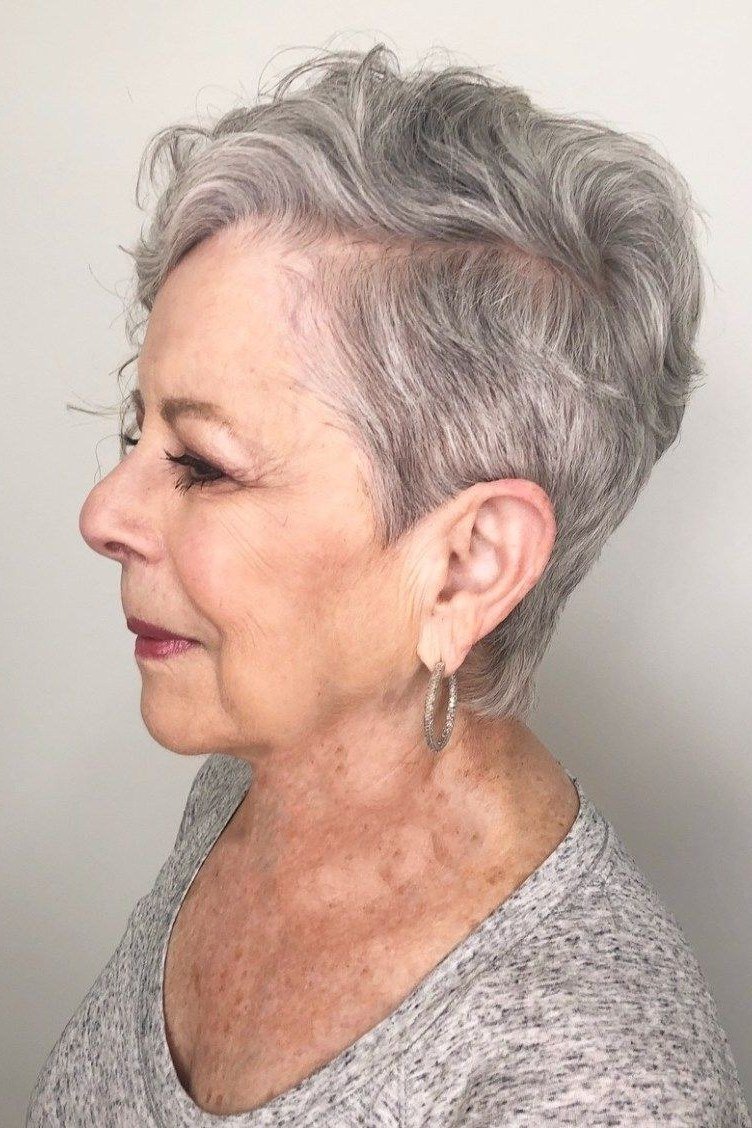 Curly Grey Pixie with Glasses - hairstyle for women over 70