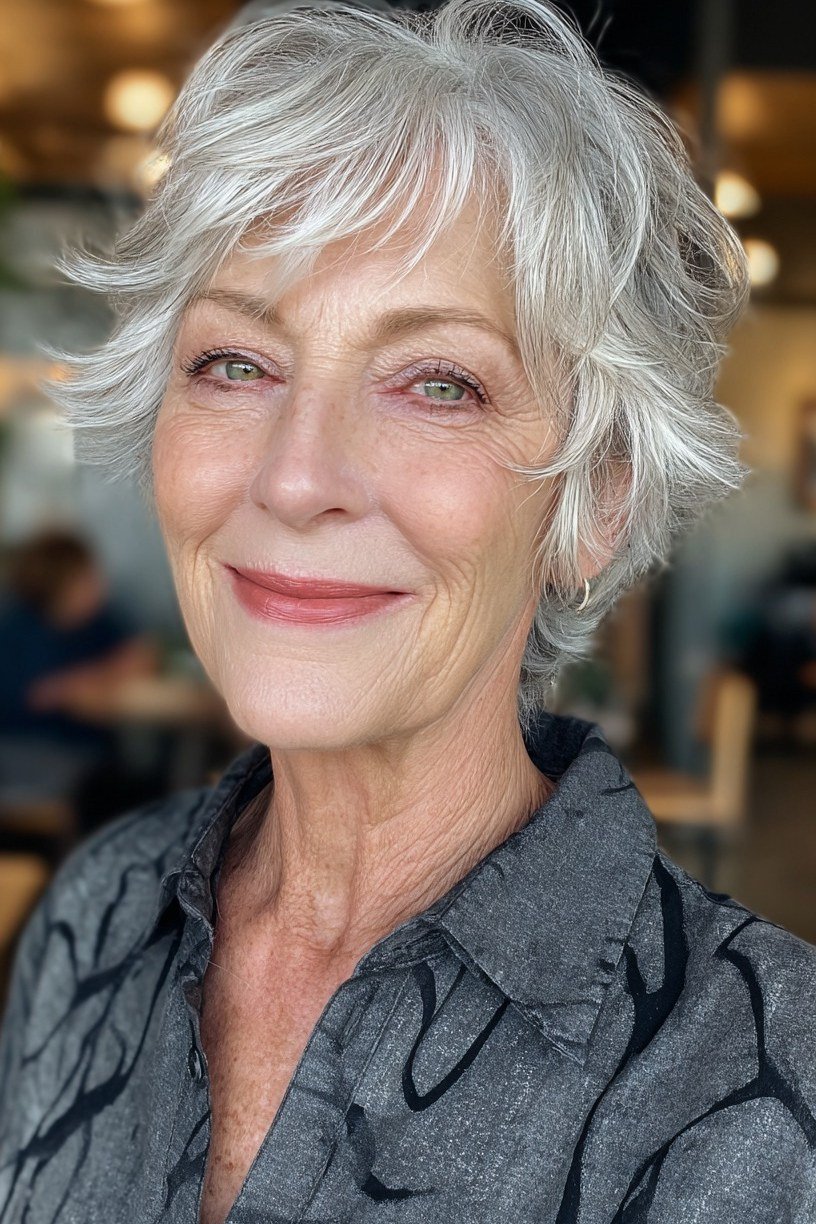 Silver choppy pixie with wispy bangs for women over 60, front view