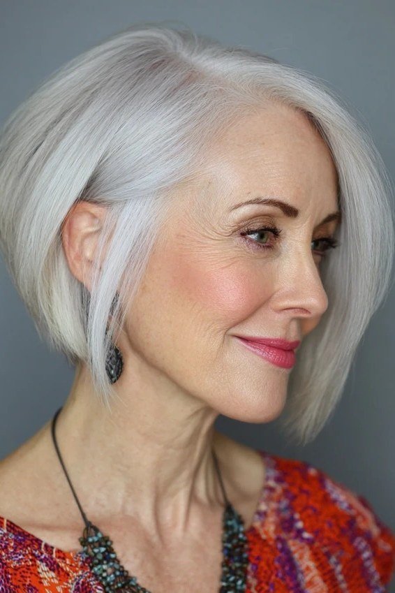 White asymmetrical bob, 3/4 front view, classic hairstyle for women over 70