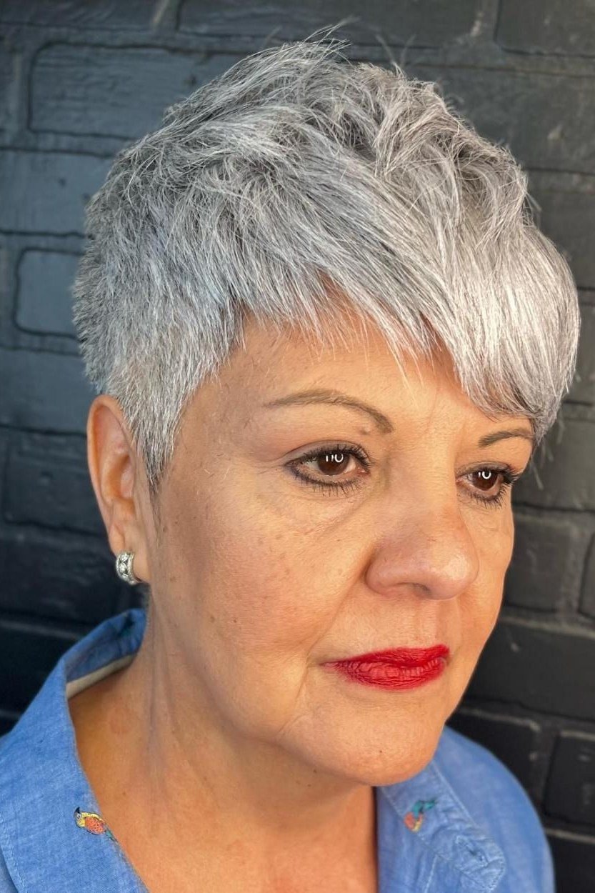 grey textured pixie, front view hairstyle for women over 70