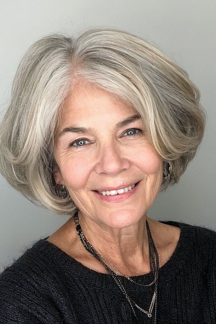 Rounded silver bob haircut for women over 60