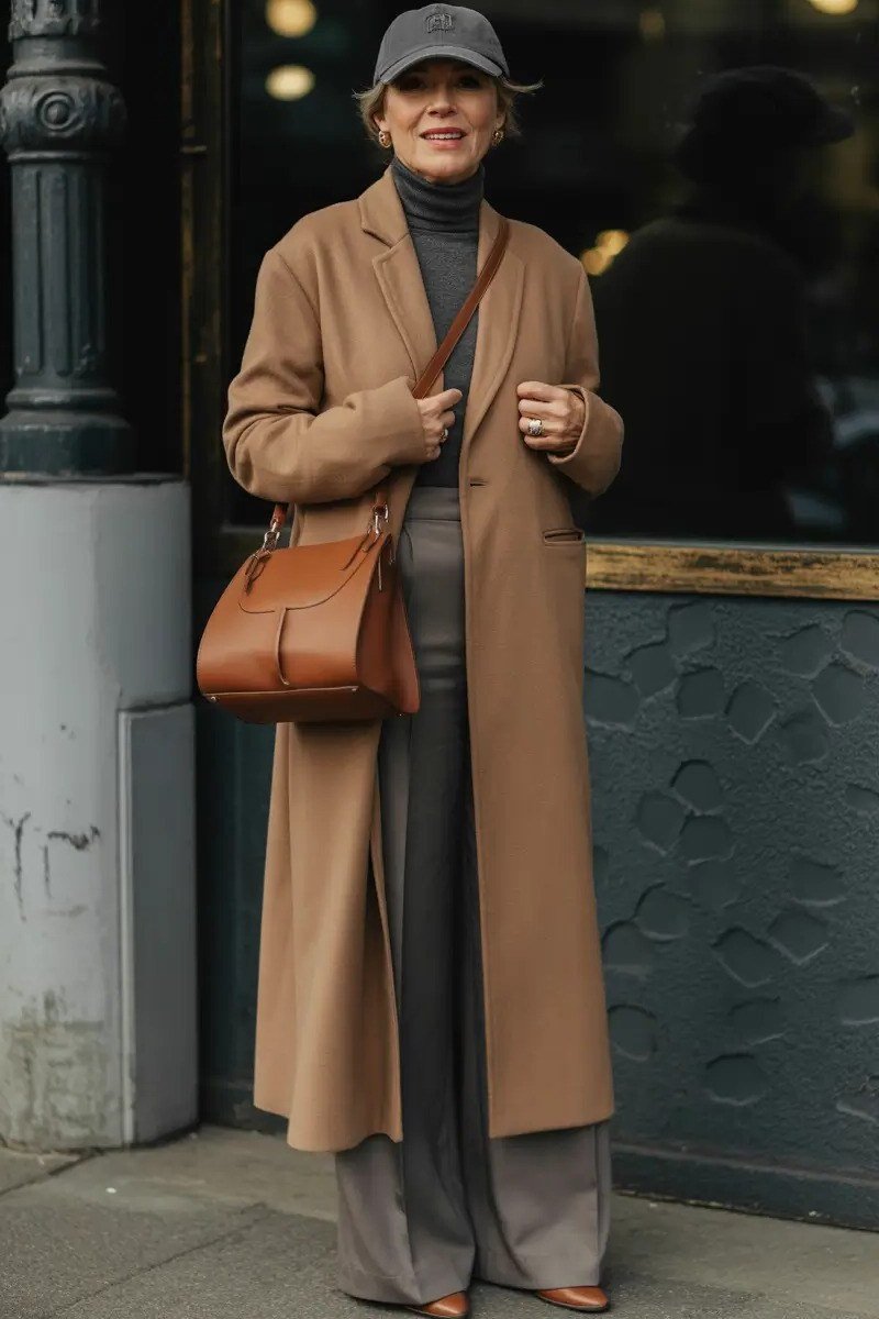 camel coat with grey turtleneck and grey wide trousers for women over 50