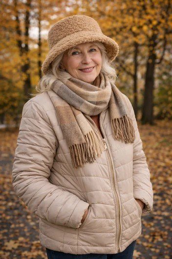 Casual fall outfit for women over 60: navy shawl collar cardigan, khaki chinos, brown boat shoes