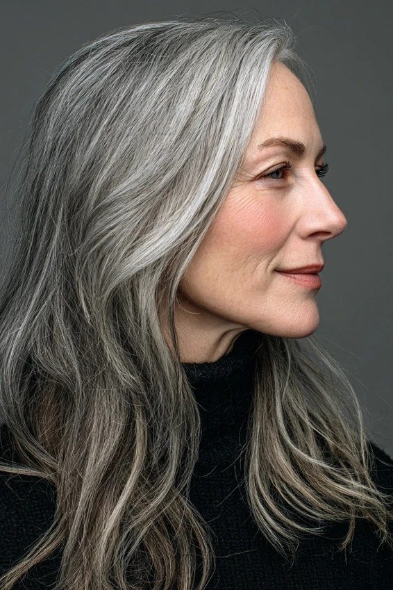Silver long straight layered hair, side view - wispy hairstyle for women over 40