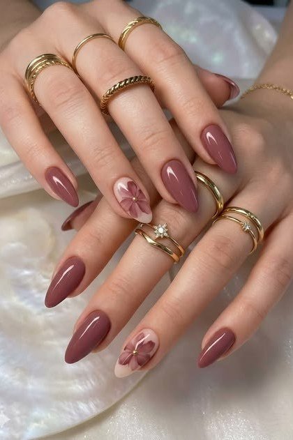 Burgundy Nails with Floral Accent for women over 60