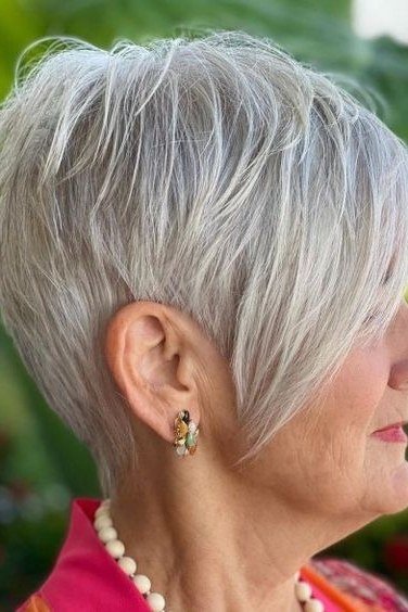 Feathered Silver Pixie - timeless hairstyle for women over 60