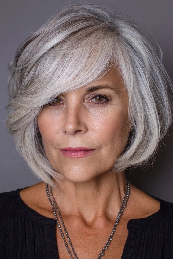 Sleek Silver Layered Bob, layered hairstyle for women over 70