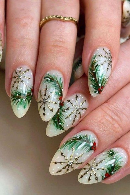 White almond with snowflake and pine branch art - Christmas nail design for older women