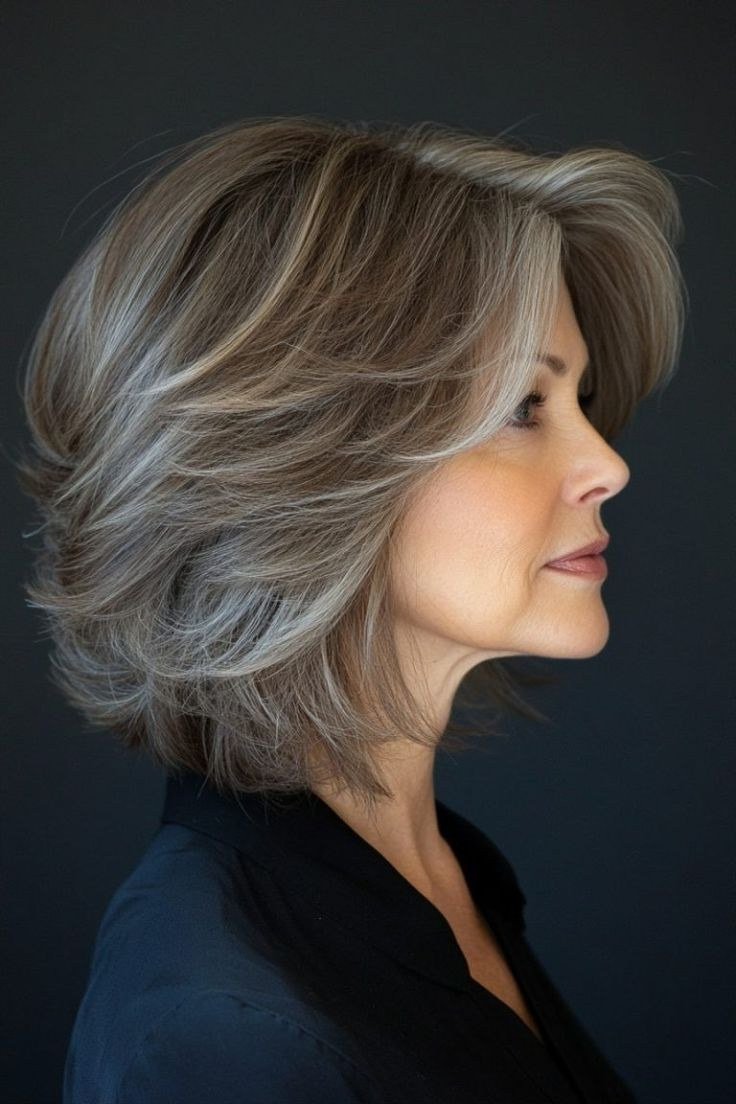 Silver Grey Layered Bob for women over 70