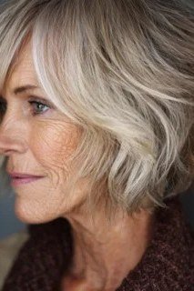 silver shaggy layers, side profile, medium length hairstyle for women over 60