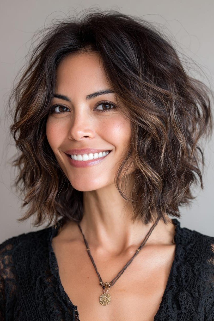 Brunette curly textured bob for women over 40
