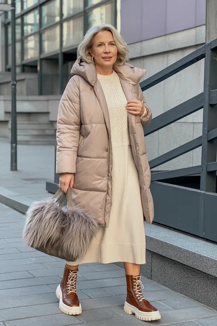 Stylish winter outfit for women over 60: beige puffer coat over cream knit dress with fur-trimmed bag