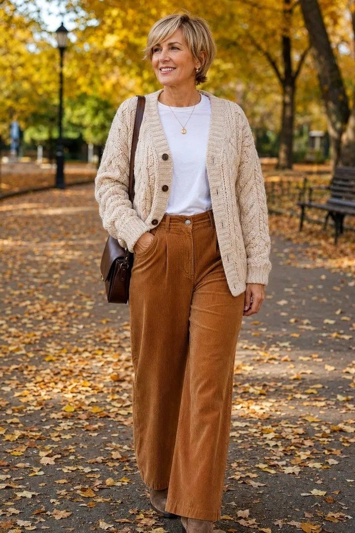 Cream knit cardigan with white tee and rust wide-leg trousers in park
