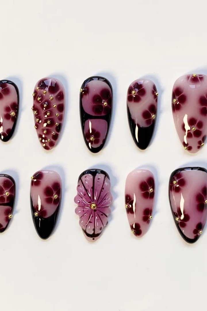 Dark burgundy black floral press on nail set for women over 50