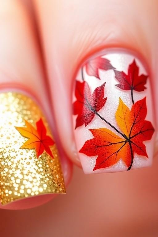 Maple leaf nail art with gold glitter accent on nude gel nails, fall design