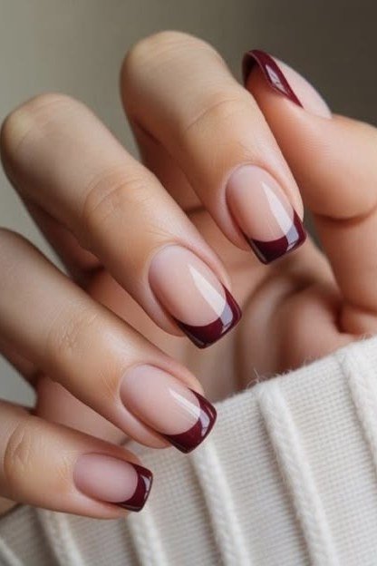 Mauve French Tips on a Sheer Nude Base, elegant mauve nail idea for women over 60